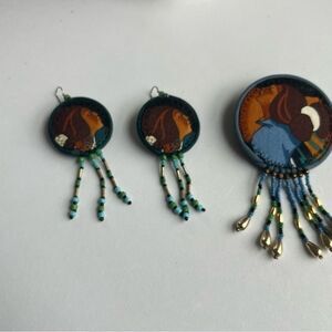 Designer Artist Native American Indian Beaded Matching Earrings and Pin Brooch